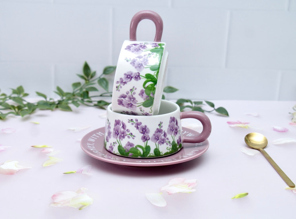 'Purple Meadows' Ceramic Cup & Saucer, Set Of 1