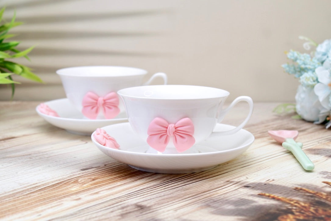 'Bow' Ceramic Cup n Saucer, White