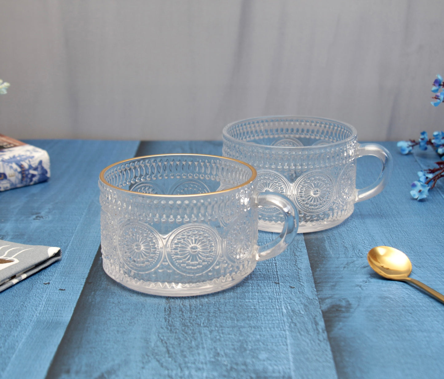 'Capri' Glass Cups - Set of 2, Gold Rim