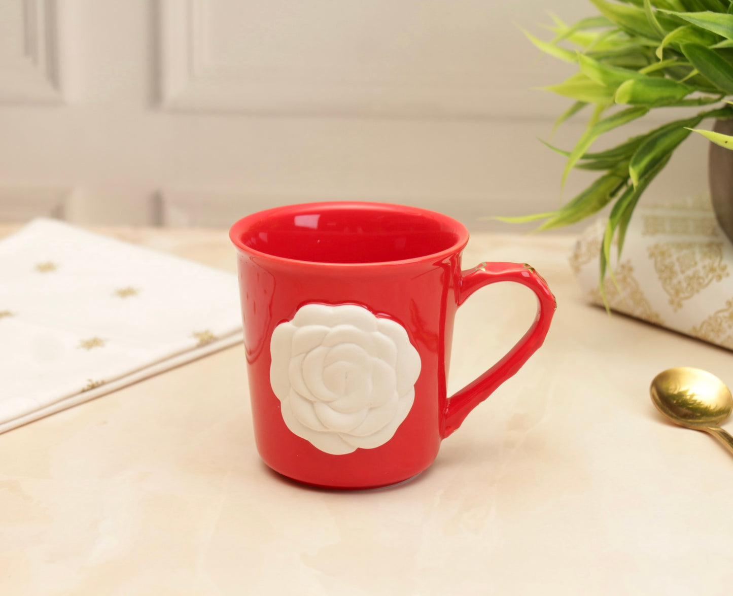 'Chloe' Rose Embossed Coffee Mug - Red