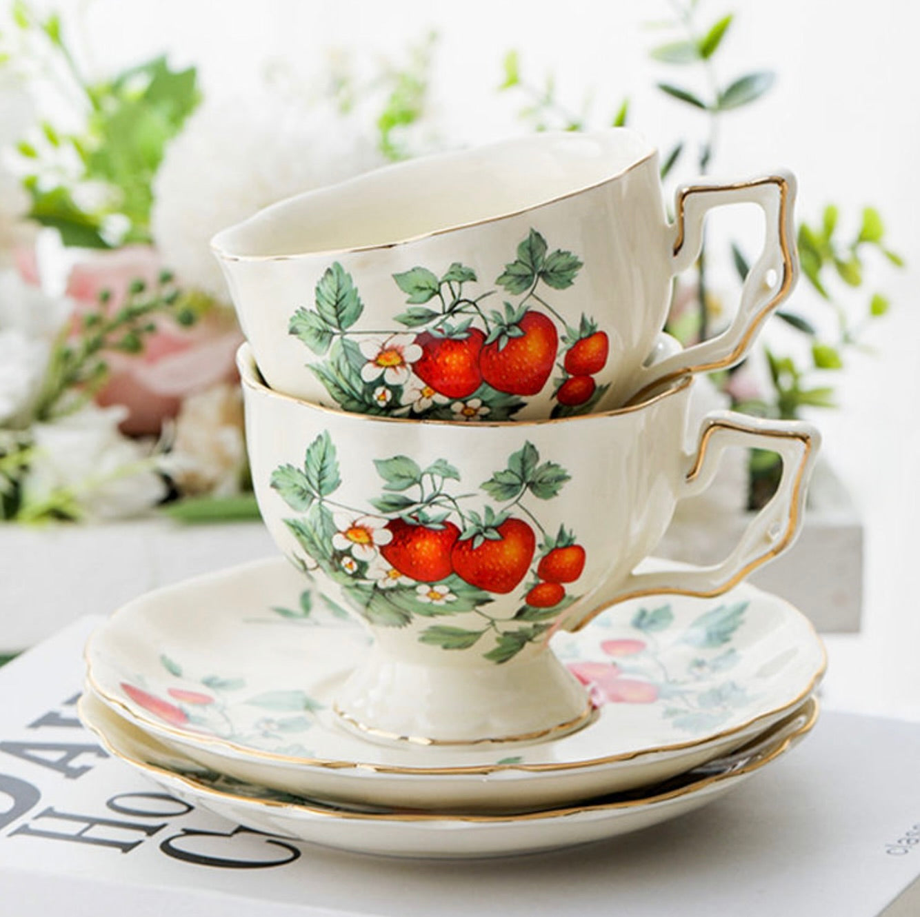 'Strawberry Blossom' Ceramic Cup & Saucer, Set Of 2