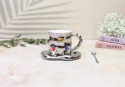 'Crystal' Ceramic Bejewelled Cup n Saucer Set - Black
