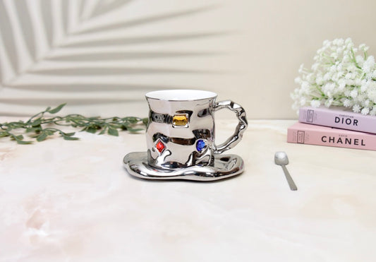 'Crystal' Ceramic Bejewelled Cup n Saucer Set - Black