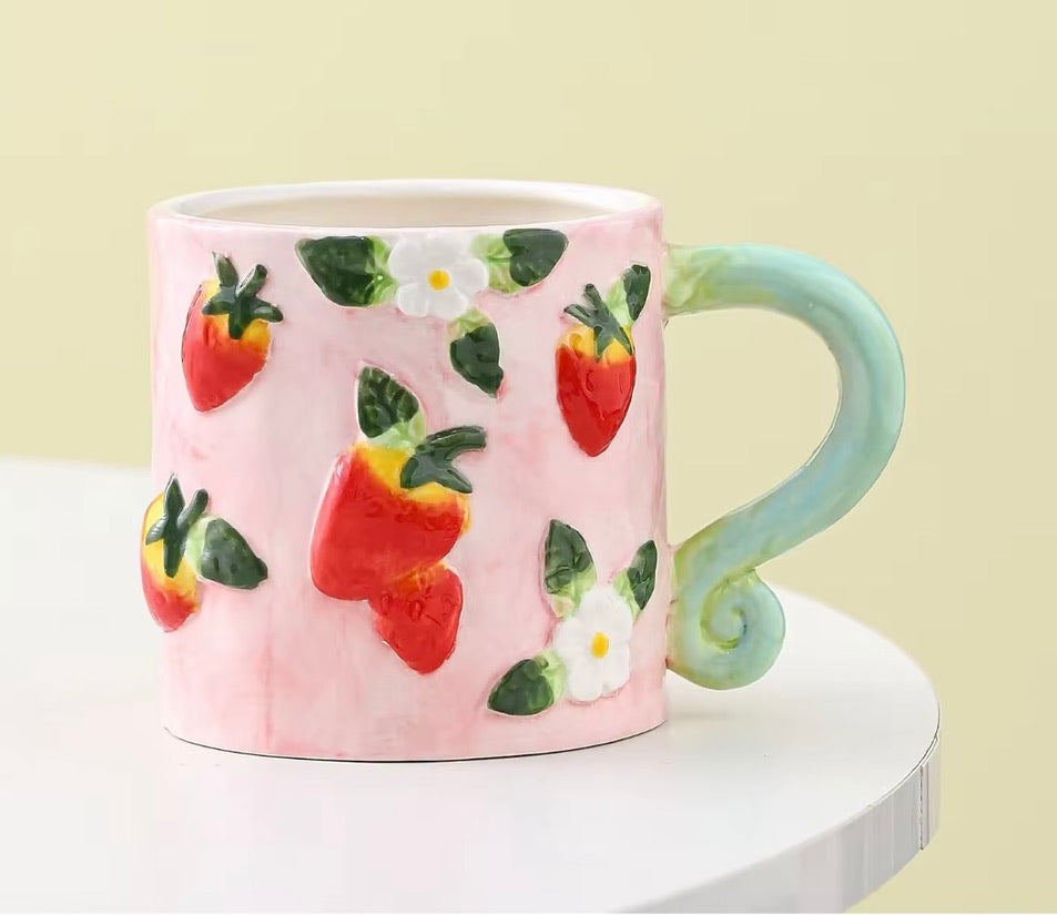 'Strawberries' Ceramic Coffee Mug, Pink