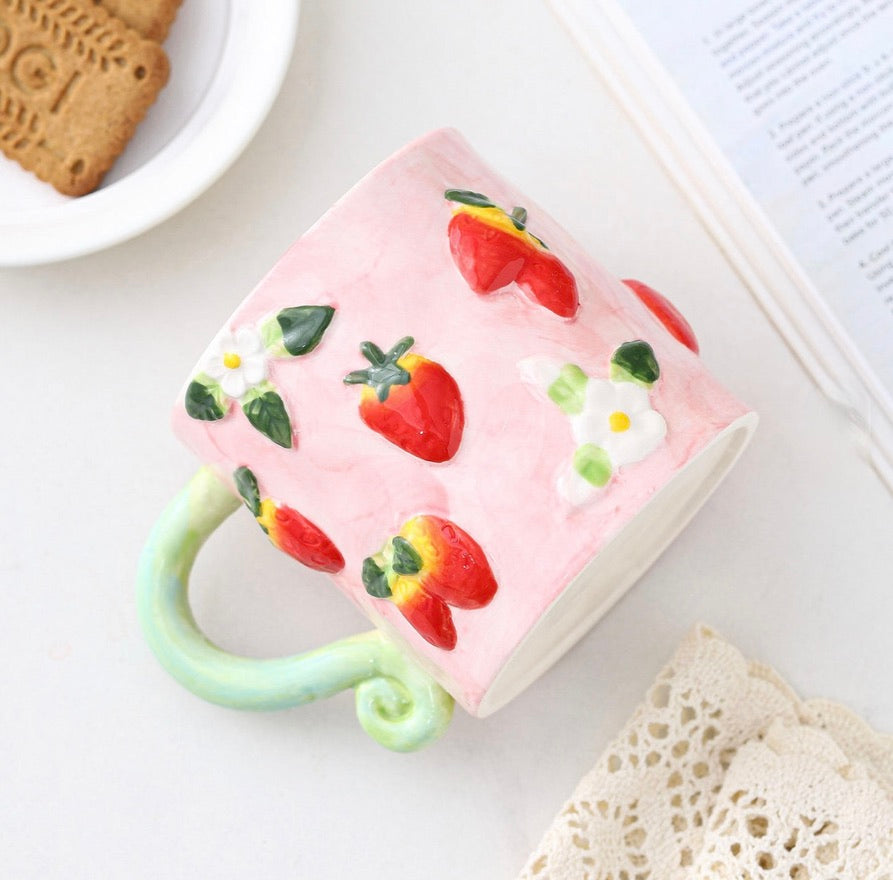 'Strawberries' Ceramic Coffee Mug, Pink