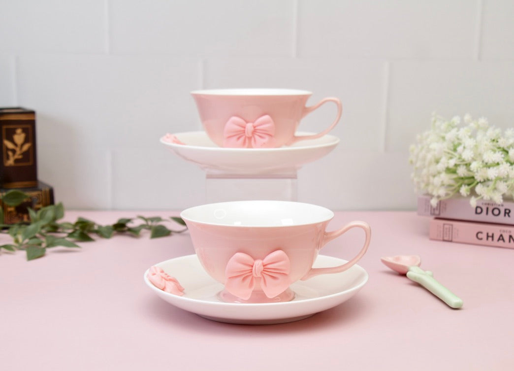 'Bow' Ceramic Cup n Saucer, Pink