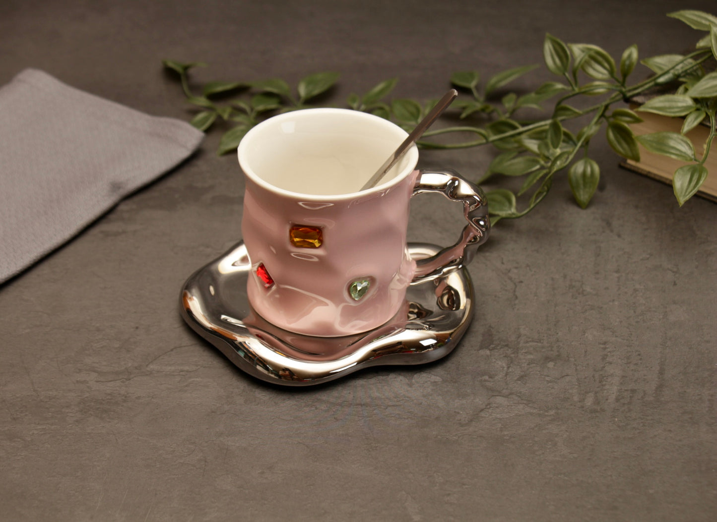 'Crystal' Ceramic Bejewelled Cup n saucer Set - Pink