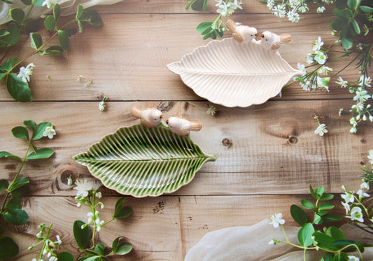 'Bird on a Leaf' Ceramic Dish - Green