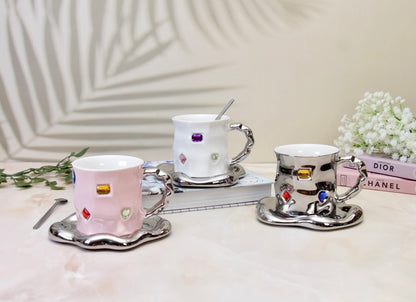 'Crystal' Ceramic Bejewelled Cup n saucer Set - Pink