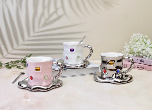 'Crystal' Ceramic Bejewelled Cup n saucer Set - Pink