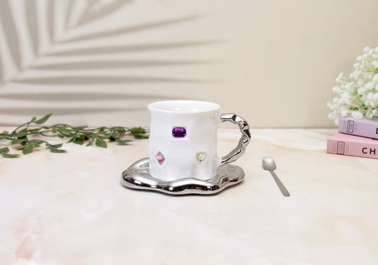 'Crystal' Ceramic Bejewelled Cup n Saucer Set - White