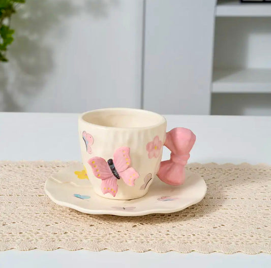 'Pink Butterfly' Ceramic Cup & Saucer, Set Of 1