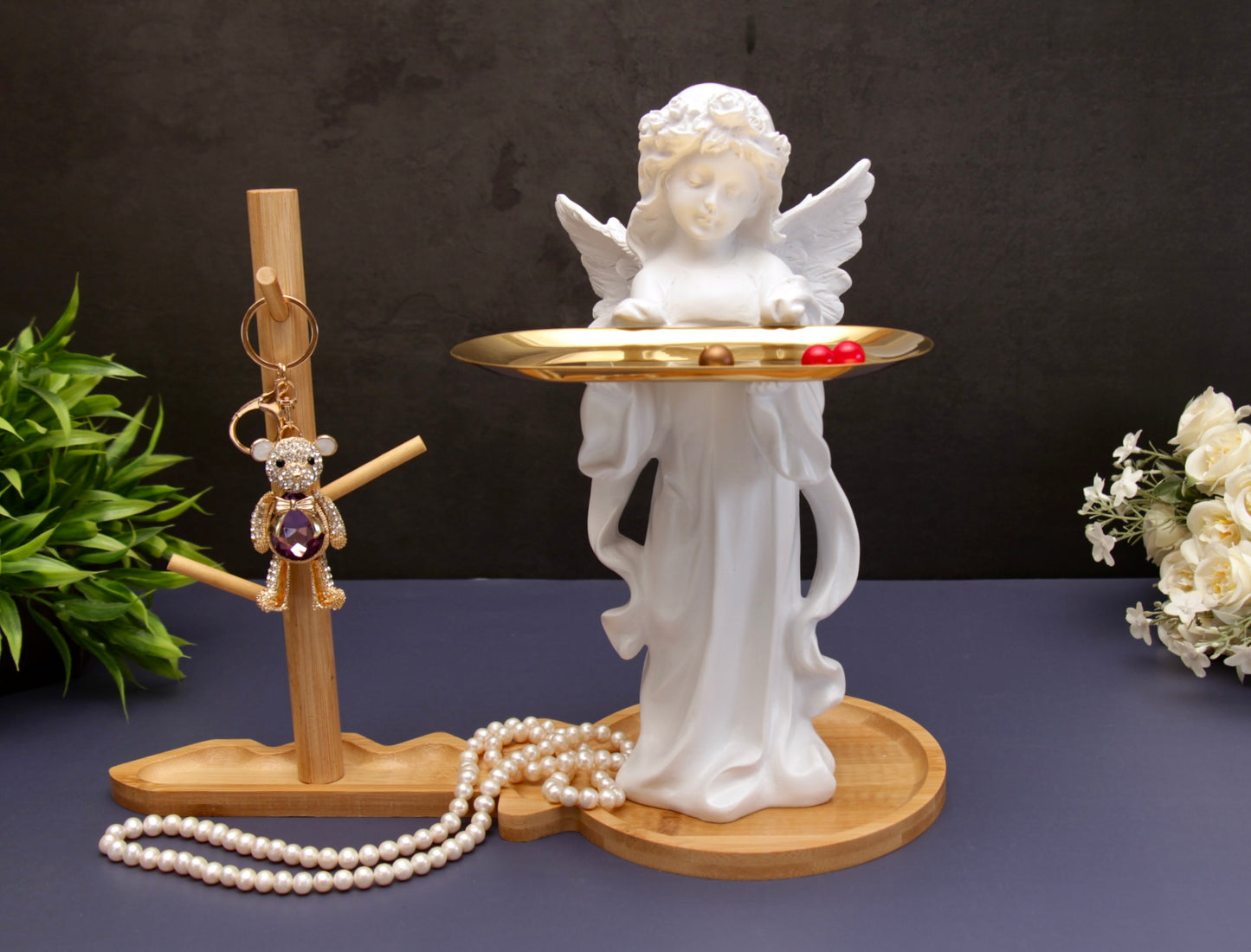 'Aurora' Key Holder Angel Figurine w Wooden Stand n Tray