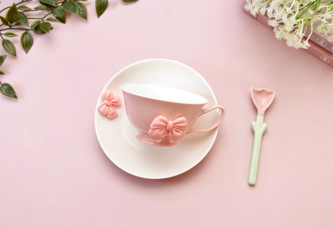 'Bow' Ceramic Cup n Saucer, Pink