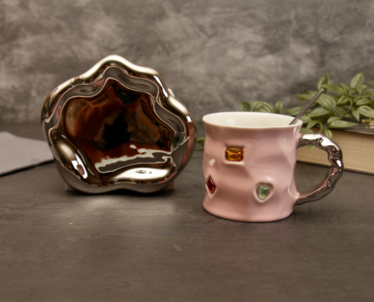 'Crystal' Ceramic Bejewelled Cup n saucer Set - Pink