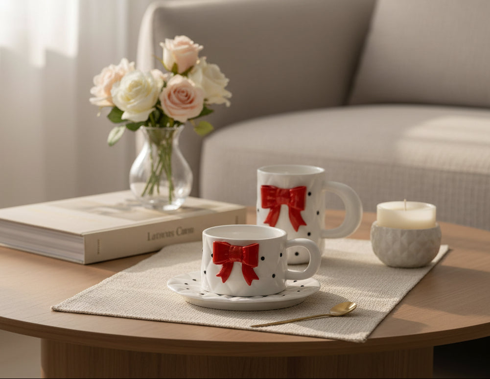 'Red Bow' Ceramic Cup & Saucer | Set of 2