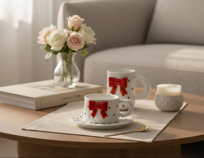 'Red Bow' Ceramic Cup & Saucer | Set of 2