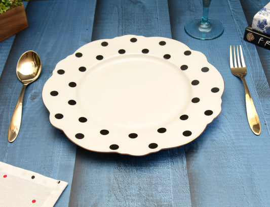 'Alice' Ceramic Dinner plate - Black Polka Dots