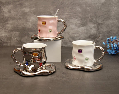 'Crystal' Ceramic Bejewelled Cup n saucer Set - Pink