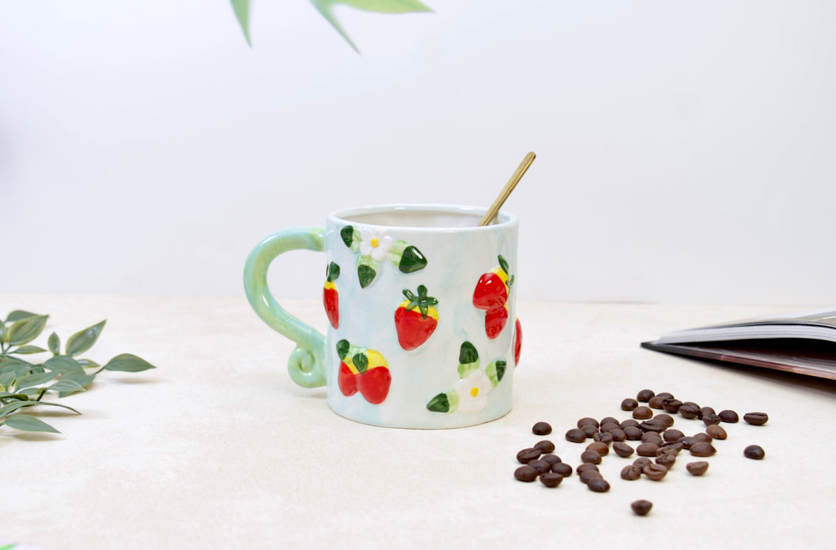 'Strawberries' Ceramic Coffee Mug, Blue