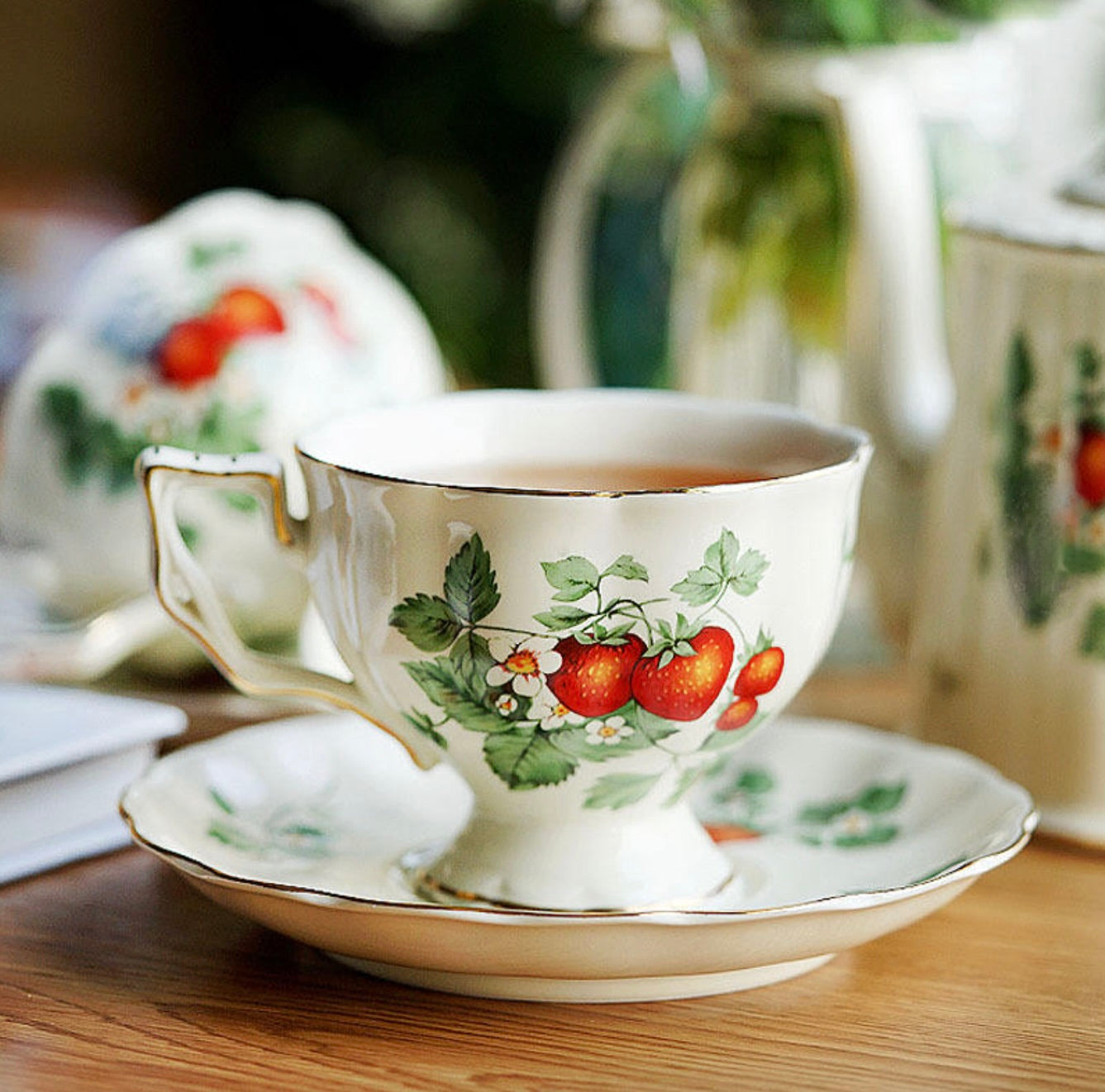 'Strawberry Blossom' Ceramic Cup & Saucer, Set Of 2