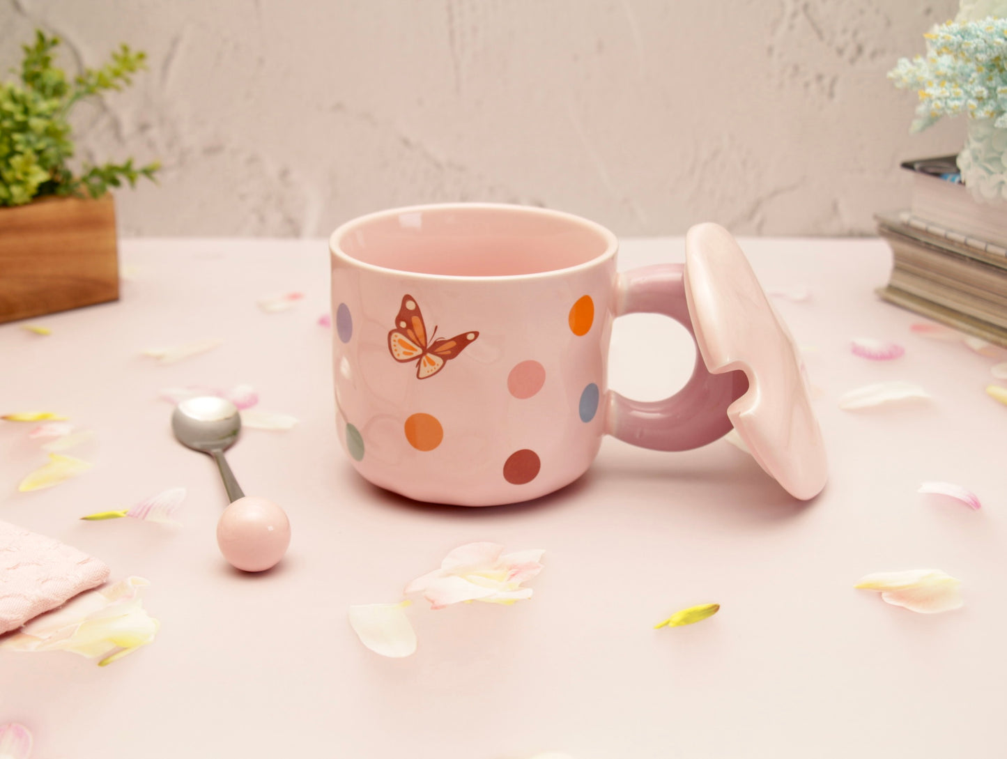 'Polka Dots' Ceramic Coffee Mugs - Pink