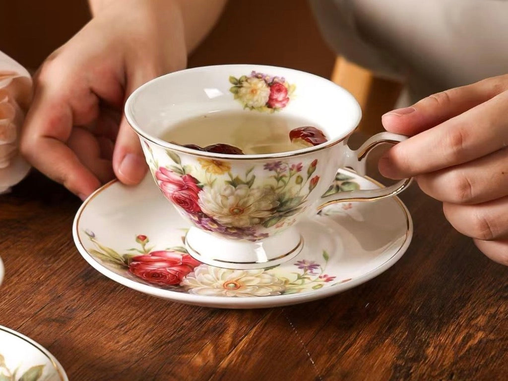 'Wild Roses' Porcelain Cup & Saucer | Gold Rim | Set of 2