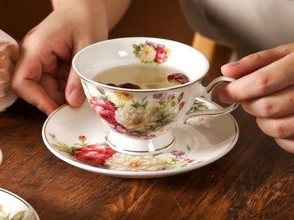 'Wild Roses' Porcelain Cup & Saucer | Gold Rim | Set of 2