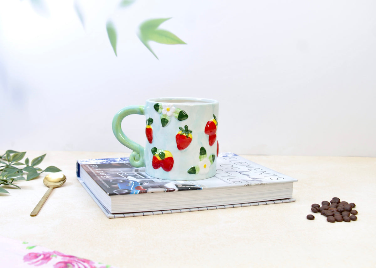 'Strawberries' Ceramic Coffee Mug, Blue