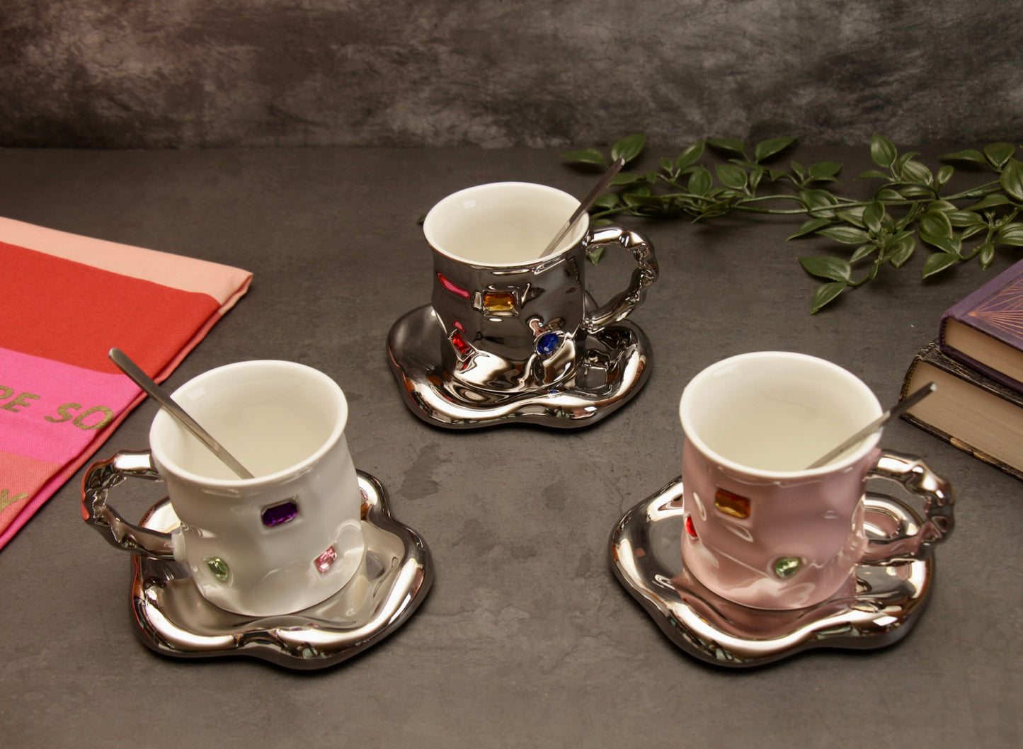 'Crystal' Ceramic Bejewelled Cup n Saucer Set - Black