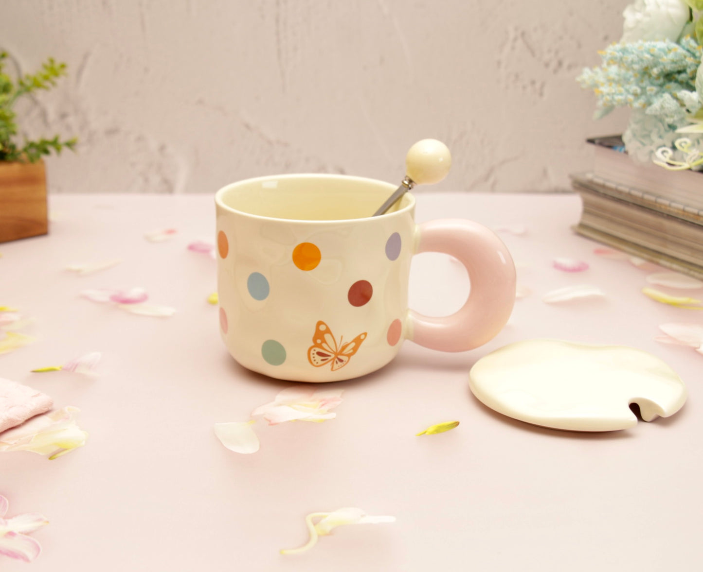 'Polka Dots' Ceramic Coffee Mugs - Beige