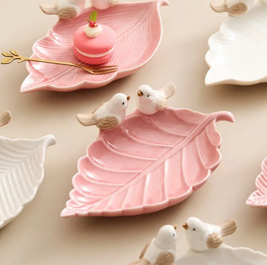 'Bird on a Leaf' Ceramic Dish - Pink 1