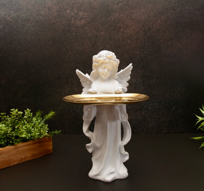 'Aurora' Key Holder Angel Figurine w Wooden Stand n Tray