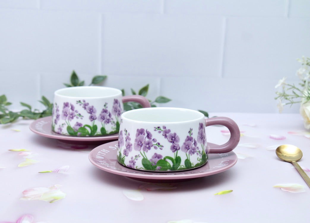 'Purple Meadows' Ceramic Cup & Saucer, Set Of 1