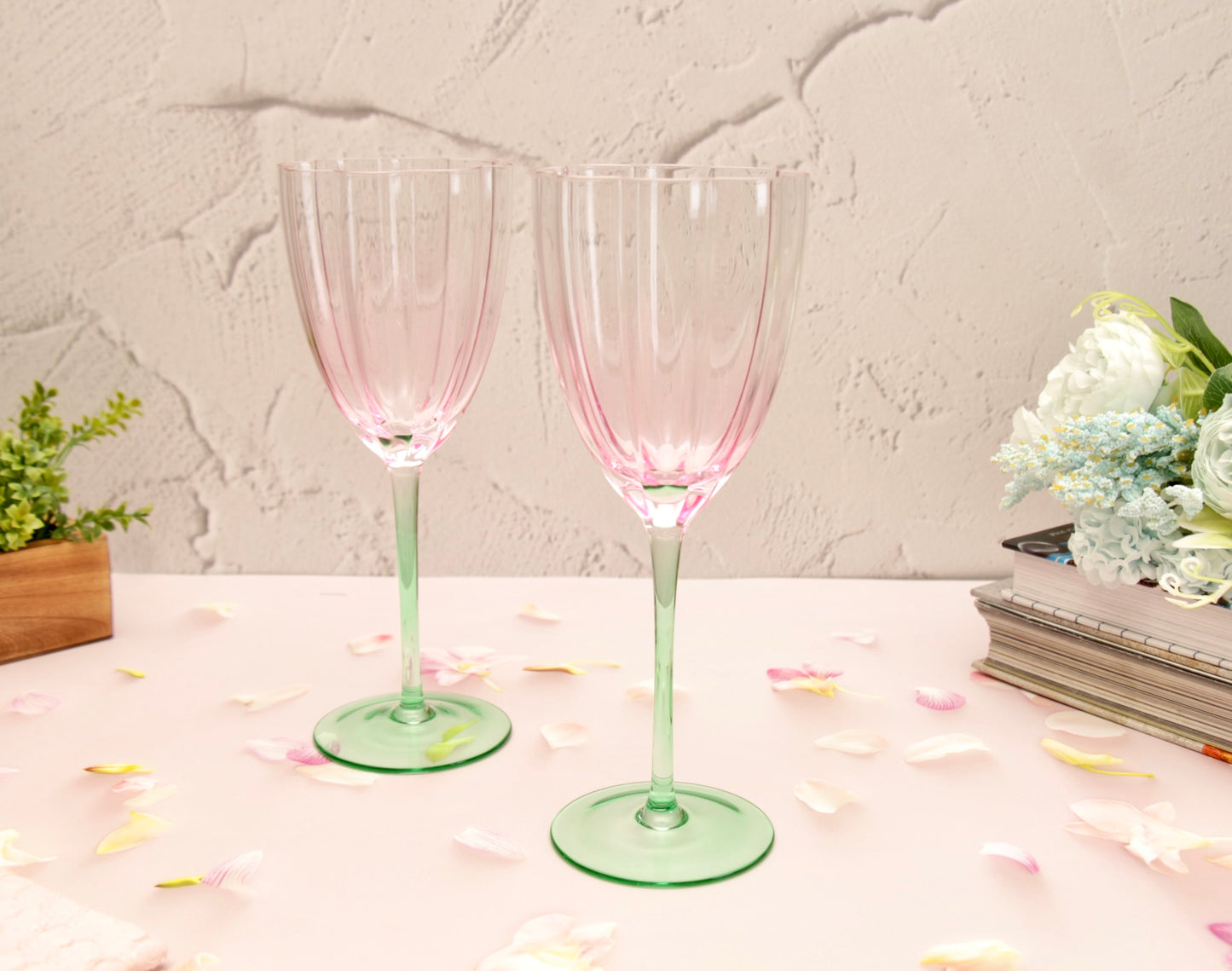 'Cherry Blossom' Pink n Green Champagne Glasses - Set of 2