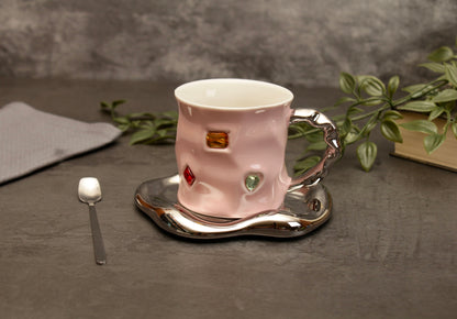 'Crystal' Ceramic Bejewelled Cup n saucer Set - Pink