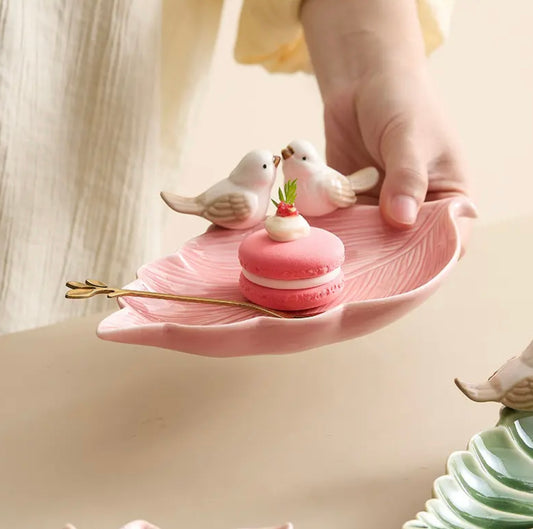 'Bird on a Leaf' Ceramic Dish - Pink