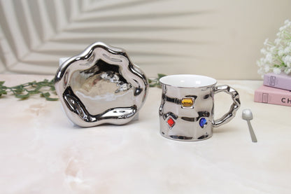 'Crystal' Ceramic Bejewelled Cup n Saucer Set - Black