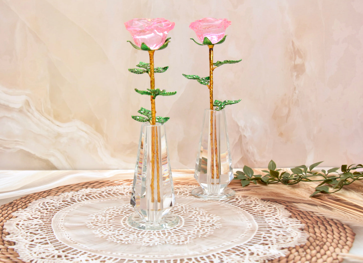 'Primrose' Crystal Rose w Vase - Pink