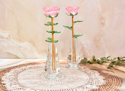 'Primrose' Crystal Rose w Vase - Pink