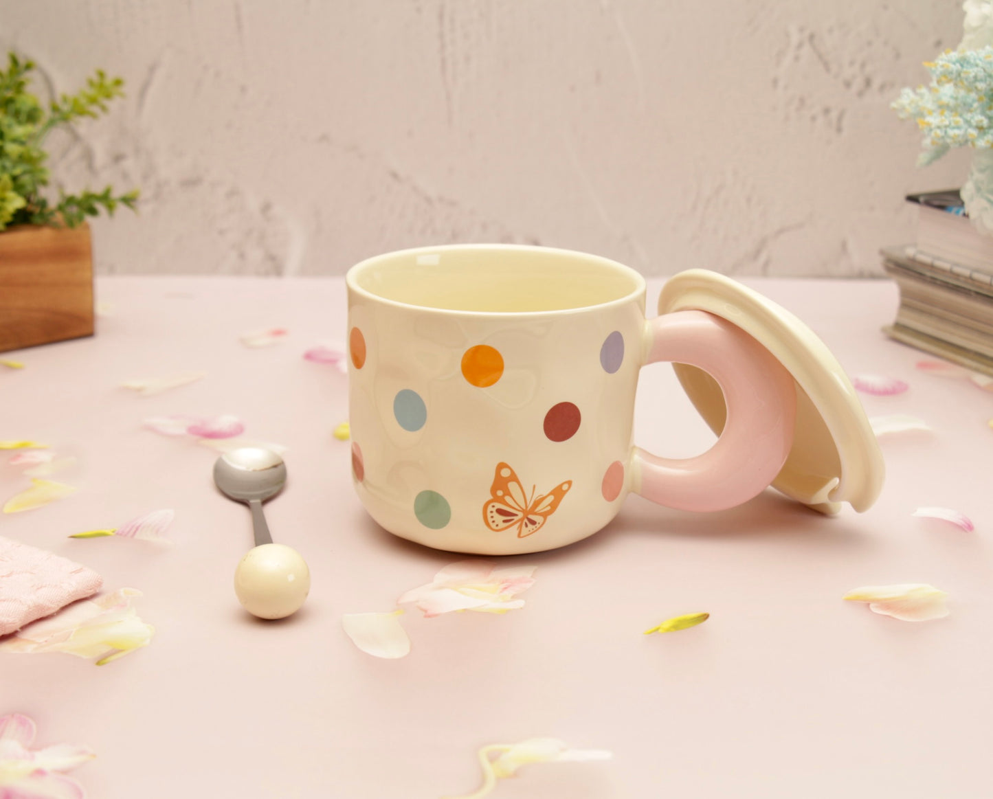 'Polka Dots' Ceramic Coffee Mugs - Beige