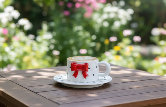 'Red Bow' Ceramic Cup & Saucer | Set of 2