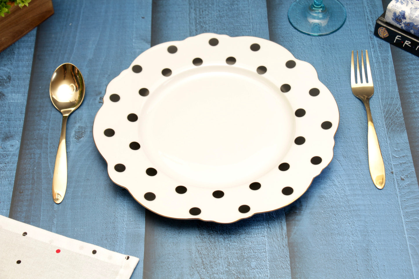 'Alice' Ceramic Dinner plate - Black Polka Dots