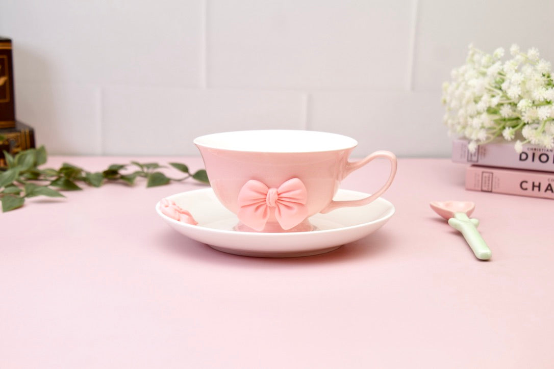 'Bow' Ceramic Cup n Saucer, Pink