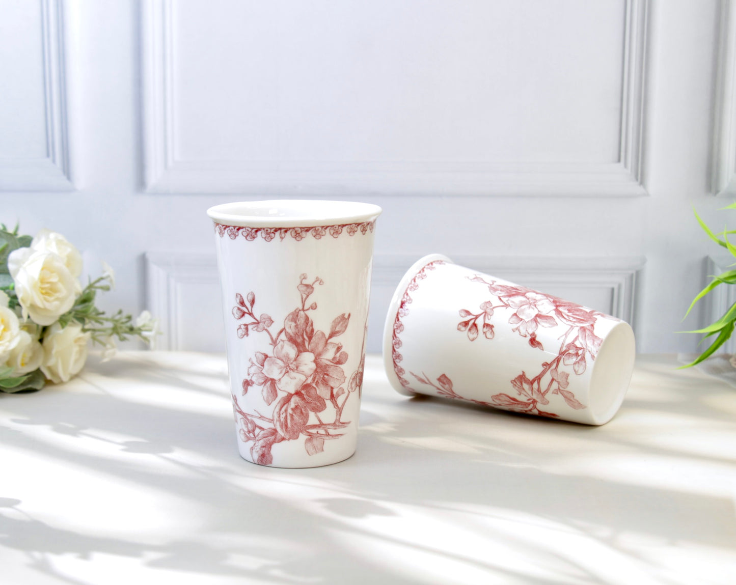 'Crimson Bloom' Porcelain Tumbler | Cup | Red | Set of 2