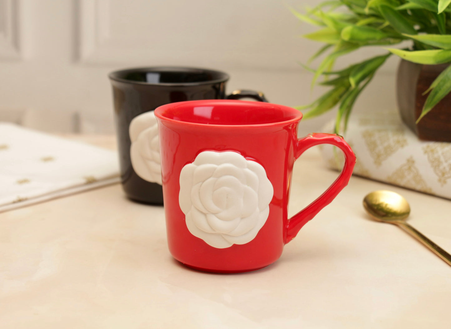 'Chloe' Rose Embossed Coffee Mug - Red