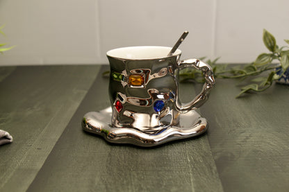 'Crystal' Ceramic Bejewelled Cup n Saucer Set - Black