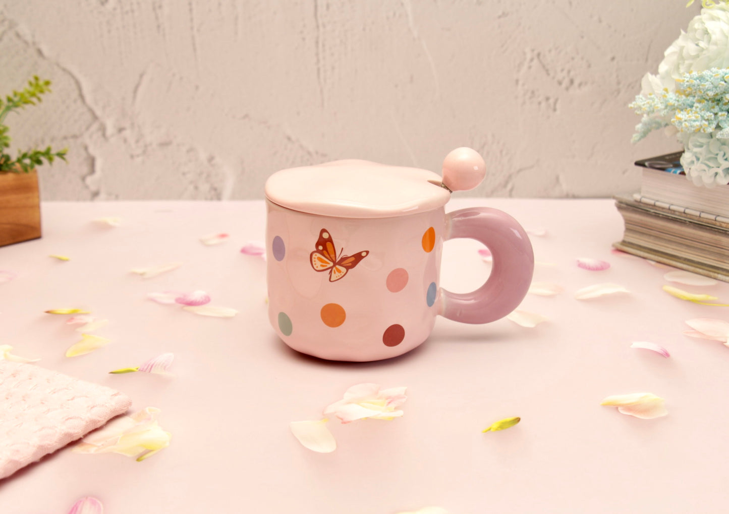 'Polka Dots' Ceramic Coffee Mugs - Pink