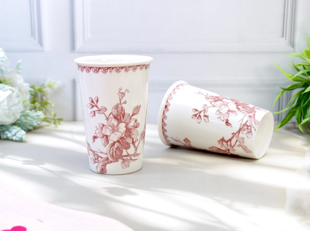 'Crimson Bloom' Porcelain Tumbler | Cup | Red | Set of 2