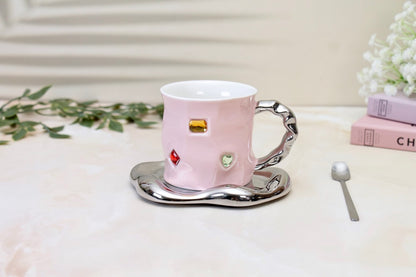 'Crystal' Ceramic Bejewelled Cup n saucer Set - Pink
